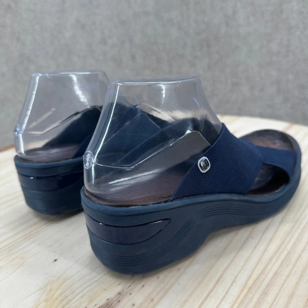 Bzees Desire Navy Blue Stretch Fabric Cross Strap Wedge Sandals 9.5 Slip On Shoe